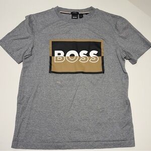BOSS Grey Short Sleeve Tee with Tan & Black Logo Panel